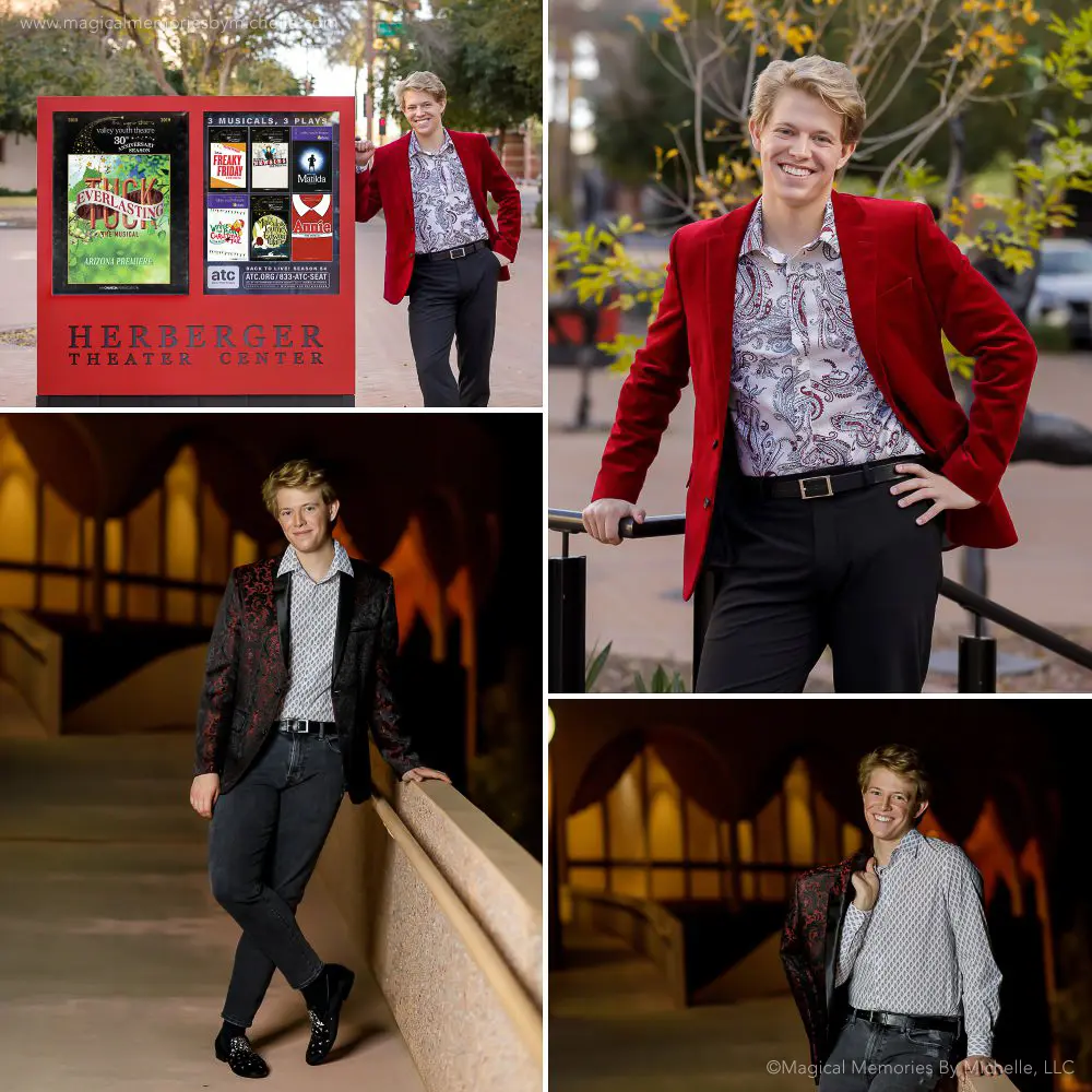 Senior boy wearing bold red and black patterned blazers during formal theater‑inspired senior pictures at Herberger Theater in Phoenix, Arizona.